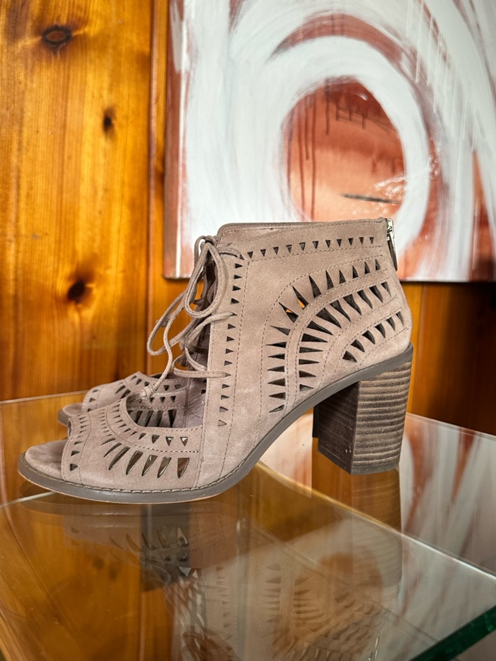 VINCE CAMUTO Lace-Up Cutout Block Heel Sandals - Taupe